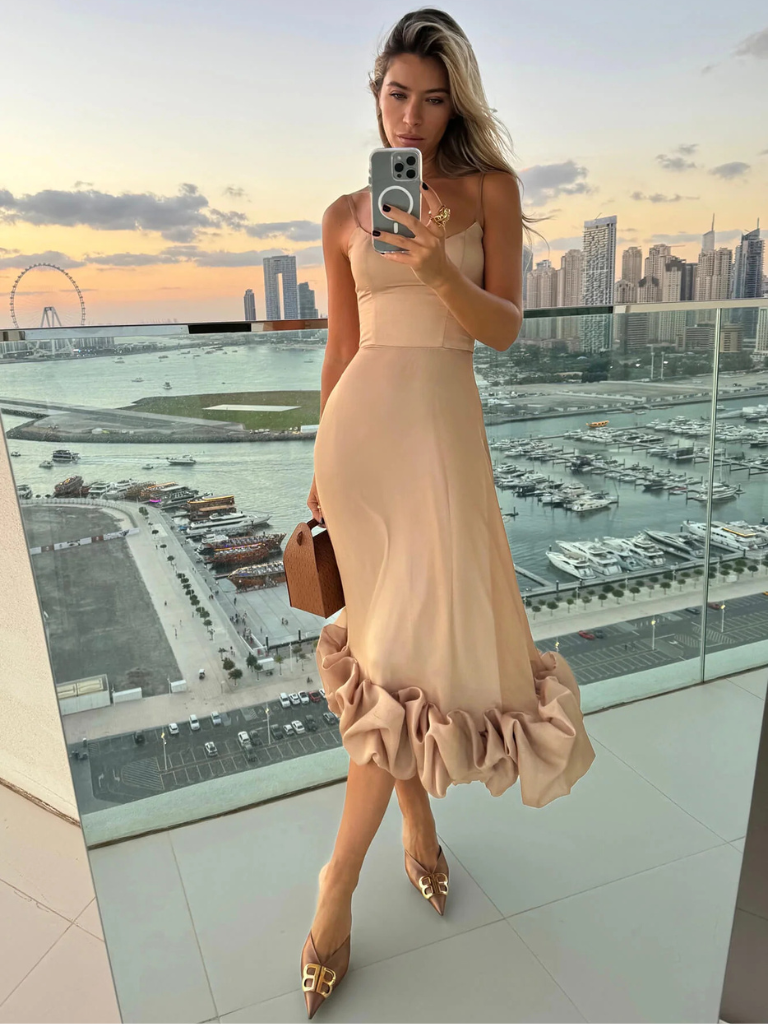 Cloud Bloom – Ruffle-Hem Midi Dress