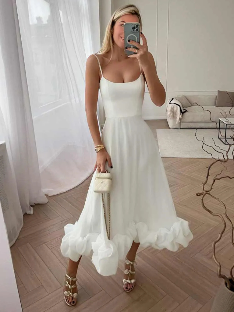 Cloud Bloom – Ruffle-Hem Midi Dress